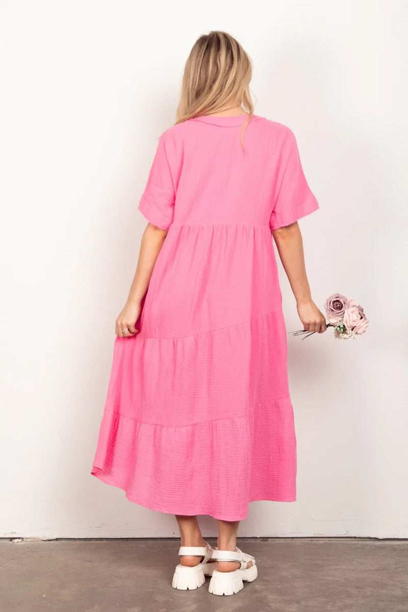 VERY J Soft Crinkle Gauze Short Sleeve Midi Dress - Brittney MADE
