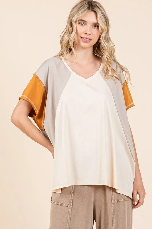 Mittoshop Color Block V-Neck Short Sleeve T-Shirt - Brittney MADE