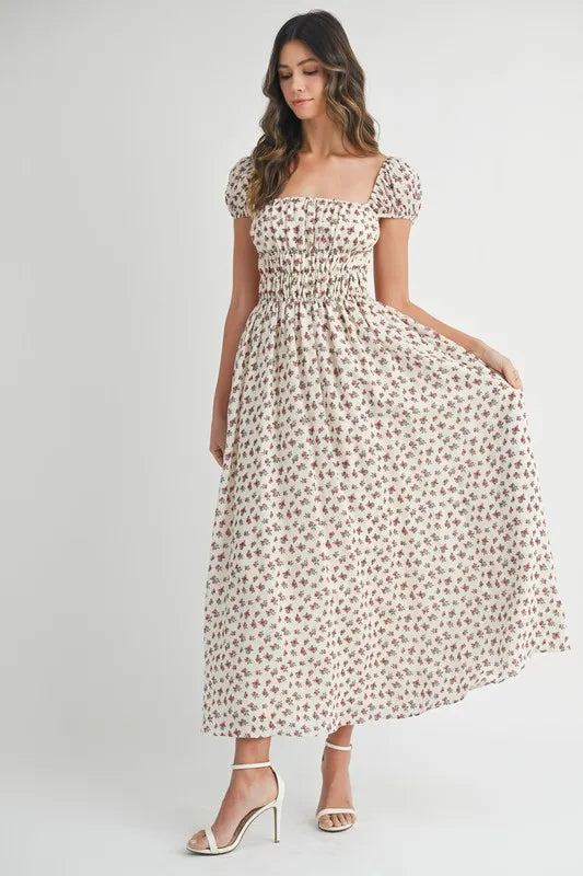 MABLE Floral Print Puff Sleeve Gathered Midi Dress - Brittney MADE