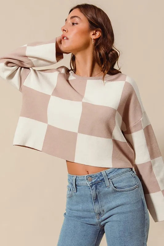 SO ME Checkered Crop Sweater with Bell Sleeves - Brittney MADE