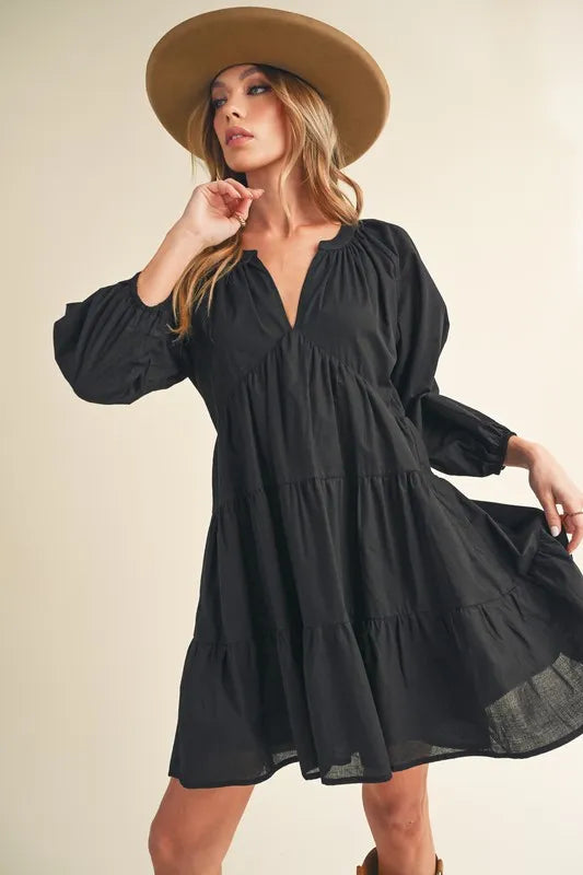 Aemi + Co Notched Balloon Sleeve Tiered Mini Dress - Brittney MADE