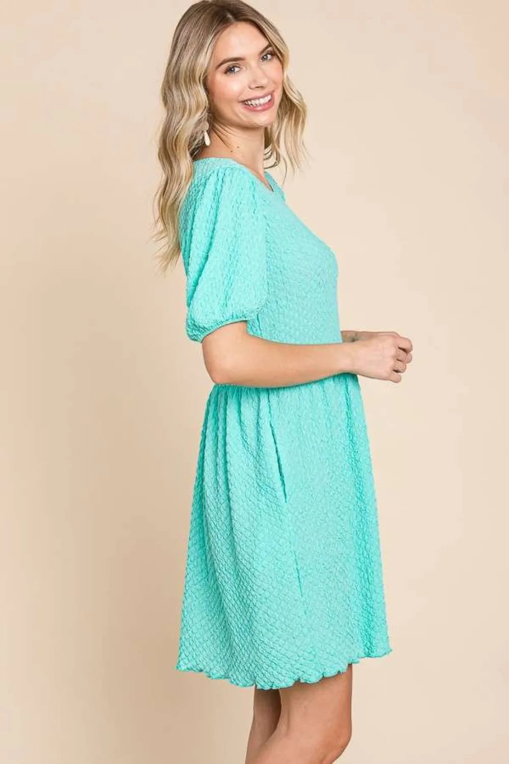 Culture Code Full Size Textured Round Neck Puff Sleeve Dress - Brittney MADE