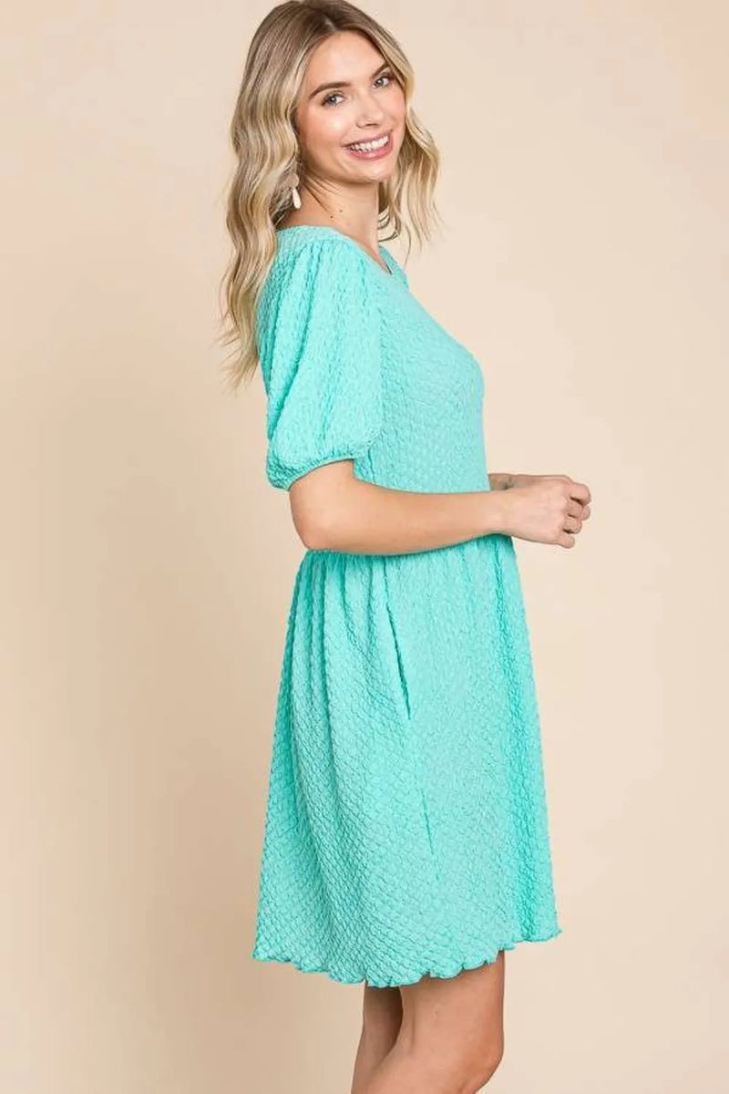 Culture Code Full Size Textured Round Neck Puff Sleeve Dress - Brittney MADE