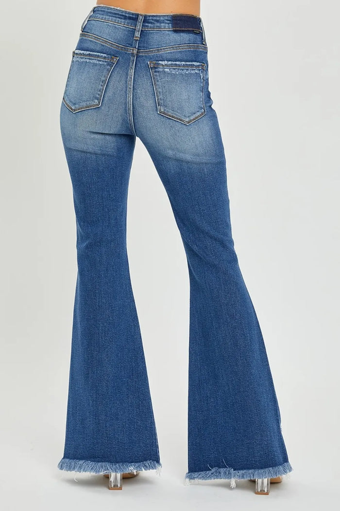 RISEN Full Size High Rise Front Slit Frayed Hem Flare Jeans - Brittney MADE