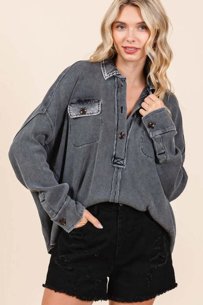Mittoshop Mineral Wash Waffle Knit Collared Neck Henley Top - Brittney MADE