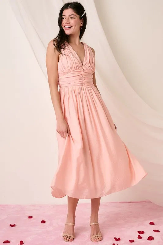 Mittoshop Ruched V-Neck Sleeveless Midi Dress - Brittney MADE