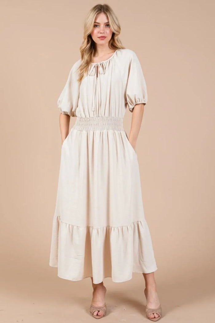 Ces Femme Smocked Elastic Waist Tie Neck Puff Sleeve Dress - Brittney MADE