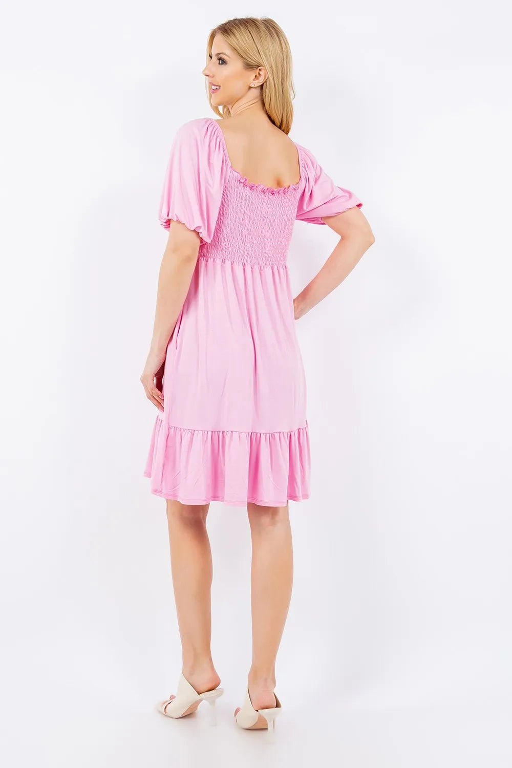 Celeste Full Size Smocked Square Neck Puff Sleeve Ruffle Hem Dress Plus Size - Brittney MADE