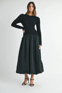 MABLE Ribbed Poplin Mix Midi Sweater Dress - Brittney MADE