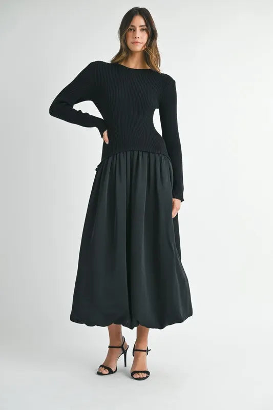 MABLE Ribbed Poplin Mix Midi Sweater Dress - Brittney MADE