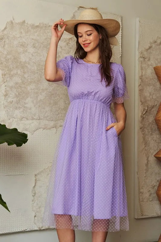 Davi & Dani Mesh Puff Short Sleeve Midi Dress - Brittney MADE