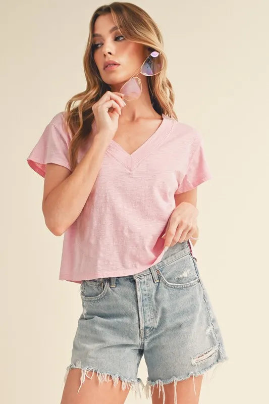 Aemi + Co Side Slit V-Neck Short Sleeve Cropped T-Shirt - Brittney MADE