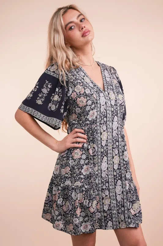 VERY J Shirring Detail Printed Woven Mini Dress - Brittney MADE