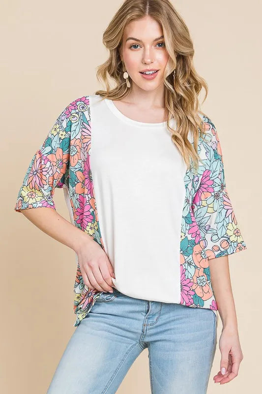 BOMBOM Floral Round Neck Half Sleeve T-Shirt - Brittney MADE