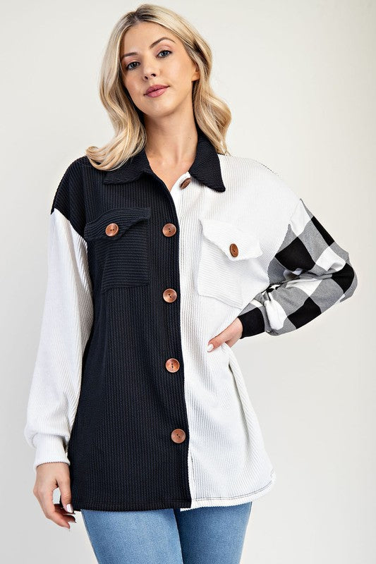 Celeste Full Size Plaid Contrast Button Up Shacket - Brittney MADE