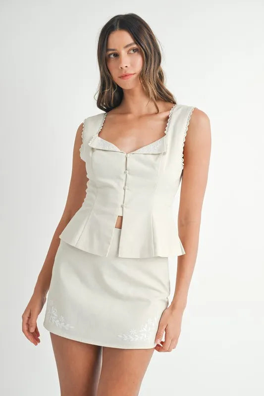 MABLE Embroidered Button Front Top and Mini Skirt Set - Brittney MADE
