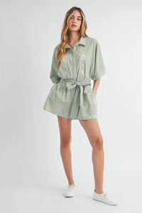 MABLE Embroidered Button Down Collared Neck Romper - Brittney MADE