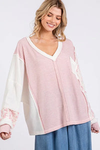 SAGE + FIG Floral Long Sleeve V-Neck Waffle Knit Top - Brittney MADE