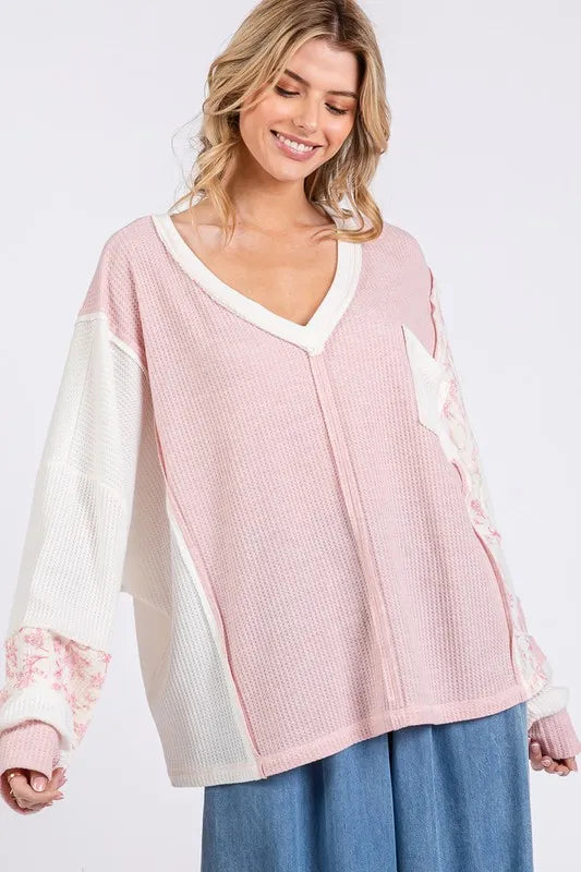SAGE + FIG Floral Long Sleeve V-Neck Waffle Knit Top - Brittney MADE