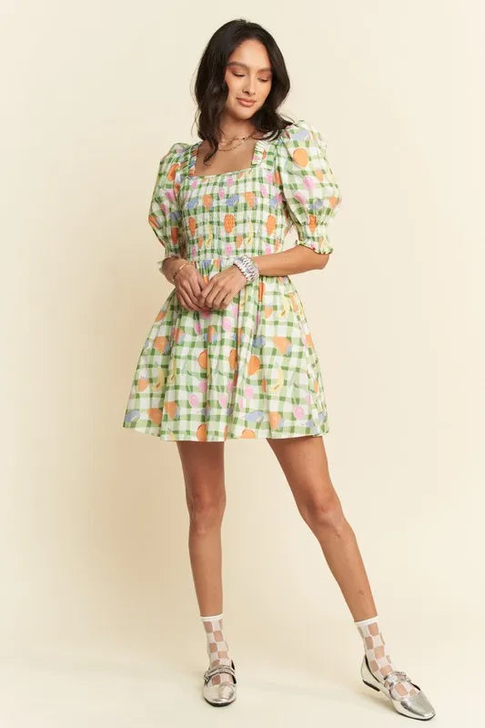 Davi & Dani Fruits Printed Smocking Mini Dress - Brittney MADE