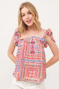 And The Why Ruffled Neck Tied Strap Boho Printed Swing Top - Brittney MADE