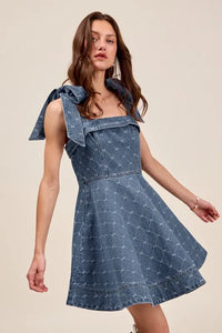 SO ME A Line Fit and Flare Diamond Bow Ribbon Denim Dres - Brittney MADE