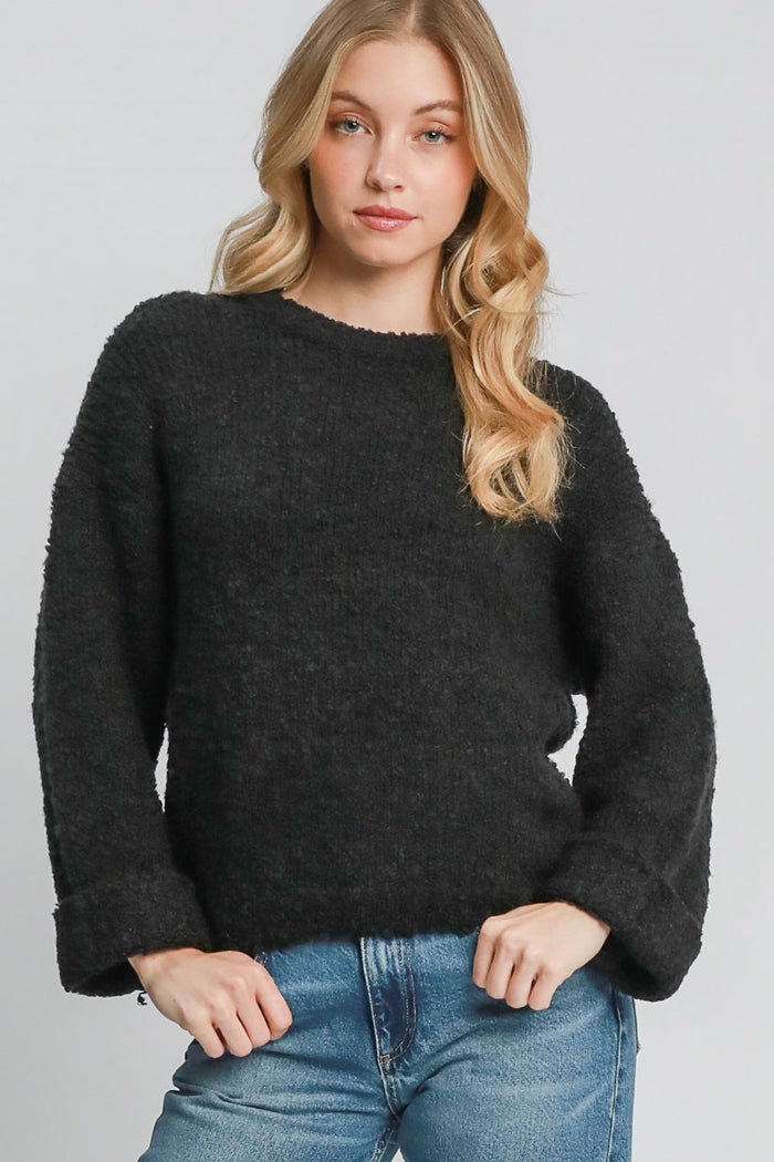 Umgee Full Size Round Neck Long Sleeve Boucle Sweater Plus Size - Brittney MADE