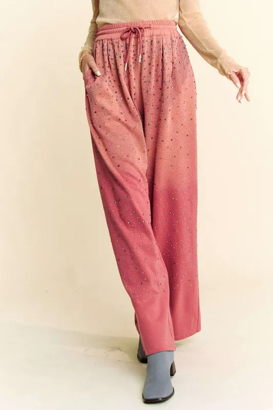 Davi & Dani Rhinestone Drawstring Wide Leg Pants - Brittney MADE