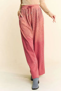 Davi & Dani Rhinestone Drawstring Wide Leg Pants - Brittney MADE