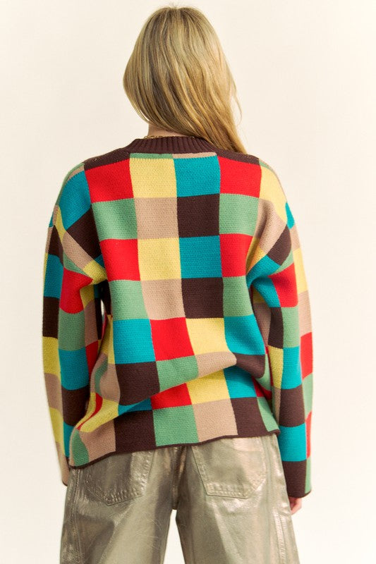 Davi & Dani Color Block Checkered Dropped Shoulder Sweater - Brittney MADE