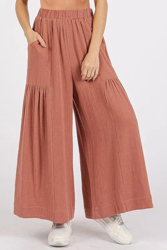 Mittoshop Gauze Elastic Waist Pleated Wide Leg Pants - Brittney MADE