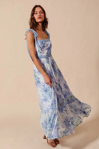 SO ME Floral Print Flowy Maxi Dress with Lace Ribbon Tie - Brittney MADE