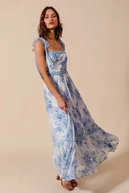 SO ME Floral Print Flowy Maxi Dress with Lace Ribbon Tie - Brittney MADE