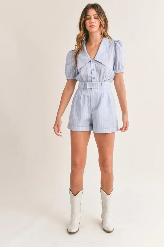 MABLE Striped Puff Sleeve Collared Neck Romper - Brittney MADE