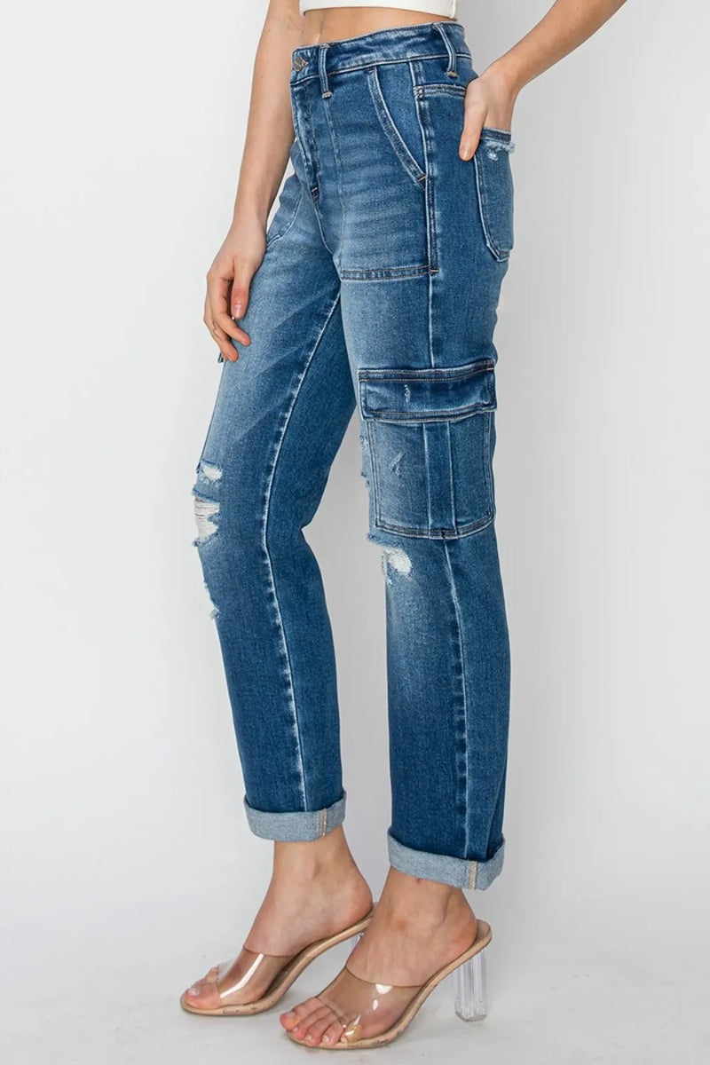 RISEN Full Size High Rise Cargo Ankle Roll Up Straight Jeans - Brittney MADE