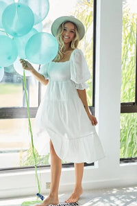 BiBi Swiss Dot Flounce Sleeve Smocked Tiered Midi Dress - Brittney MADE