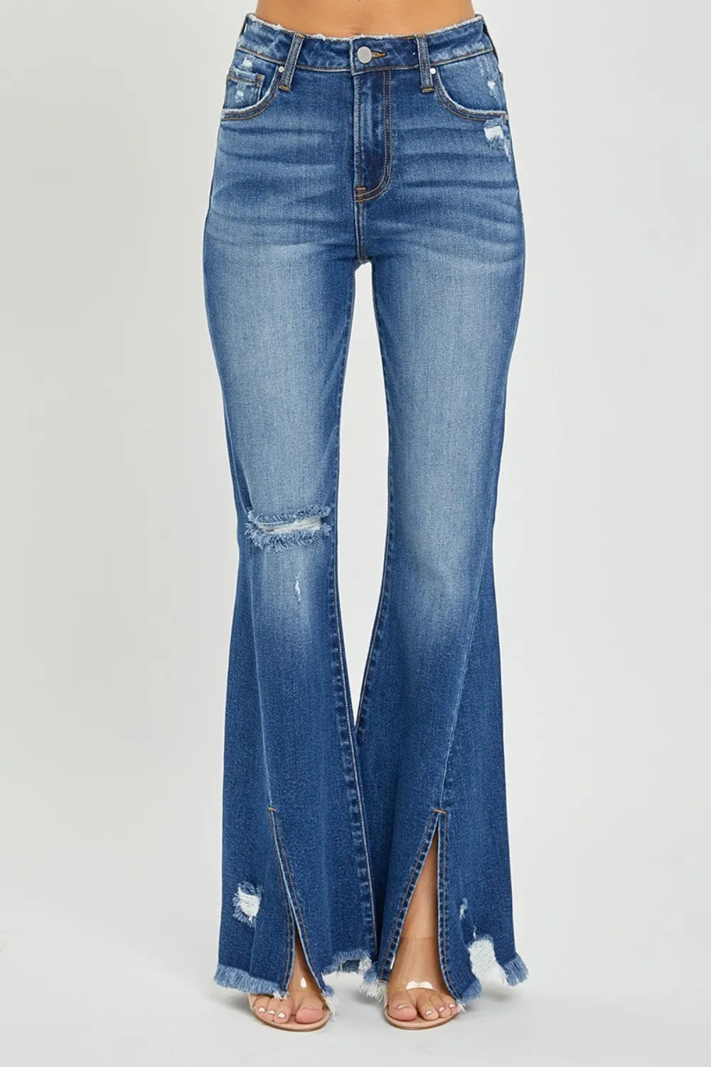 RISEN Full Size High Rise Front Slit Frayed Hem Flare Jeans - Brittney MADE