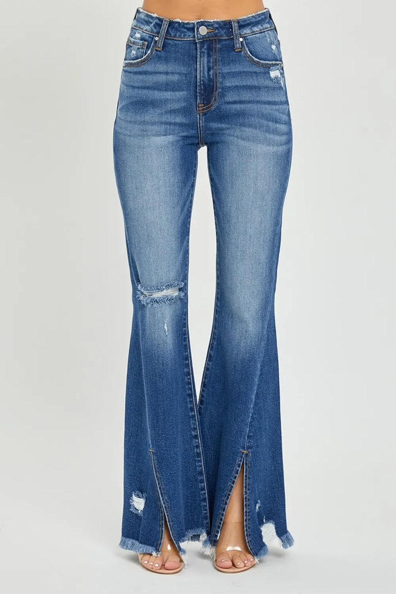 RISEN Full Size High Rise Front Slit Frayed Hem Flare Jeans - Brittney MADE