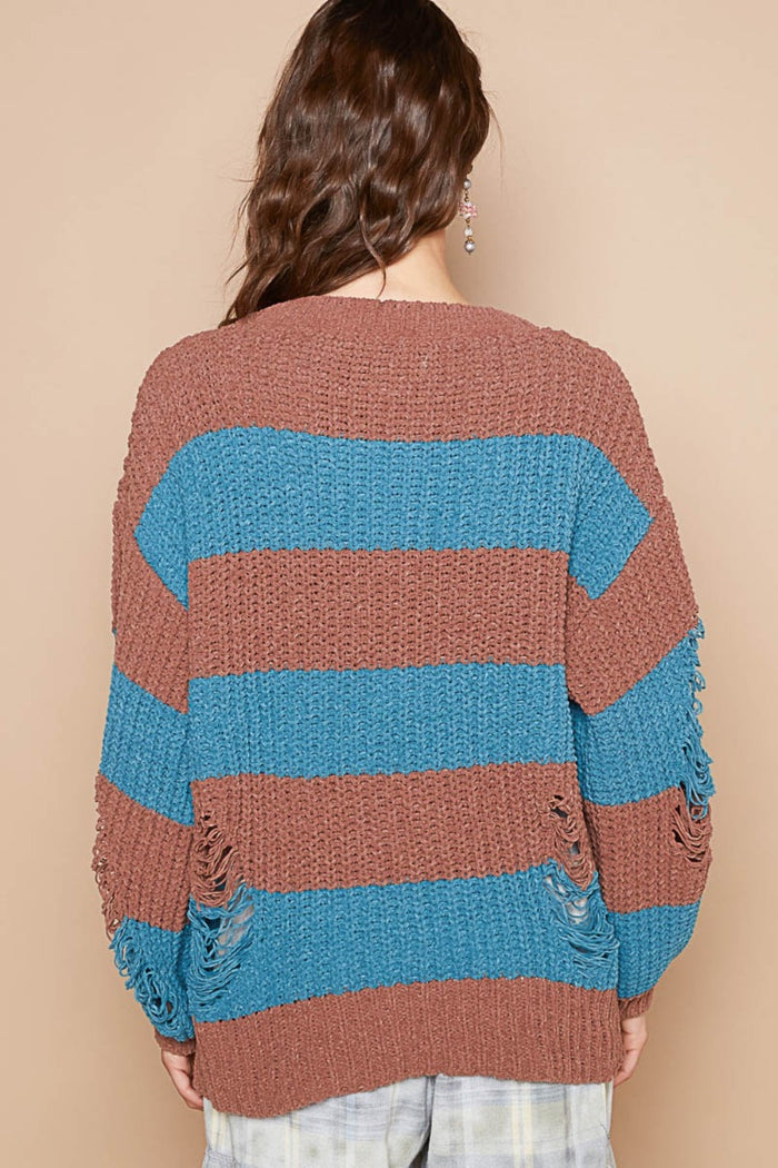 POL Striped Distressed Long Sleeve Sweater - Brittney MADE
