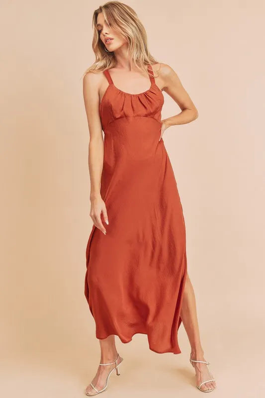 Aemi + Co Ruched Side Slit Cutout Back Maxi Cami Dress - Brittney MADE
