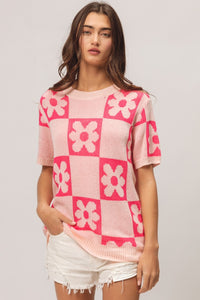 BiBi Flower Checker Pattern Short Sleeve Sweater - Brittney MADE