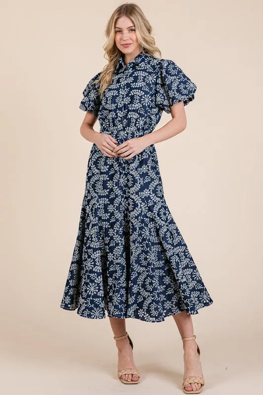 GeeGee Natural Leaf Pattern Eyelet Lace Puff Sleeve Dress - Brittney MADE