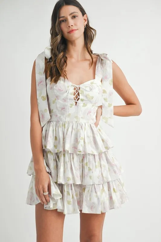 MABLE Floral Print Shoulder Tie Layered Mini Dress - Brittney MADE