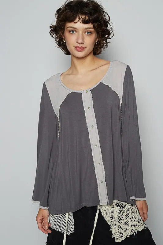 POL Contrast Button Front Long Sleeve Knit Top - Brittney MADE