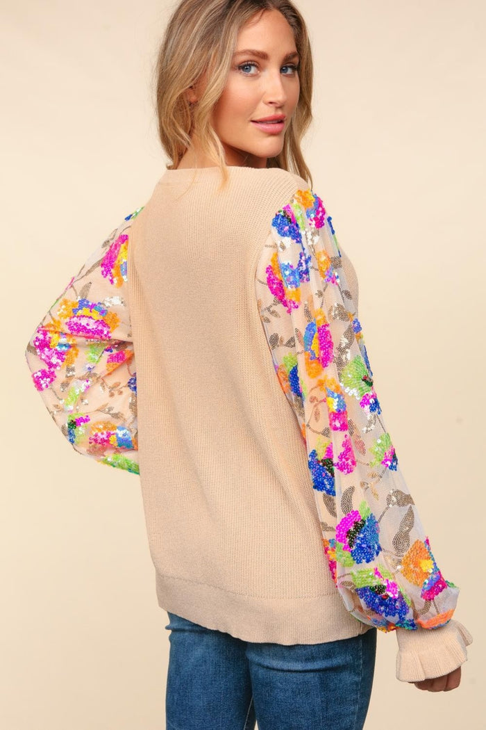 Haptics Floral Sequins Mesh Flounce Sleeve Sweater - Brittney MADE