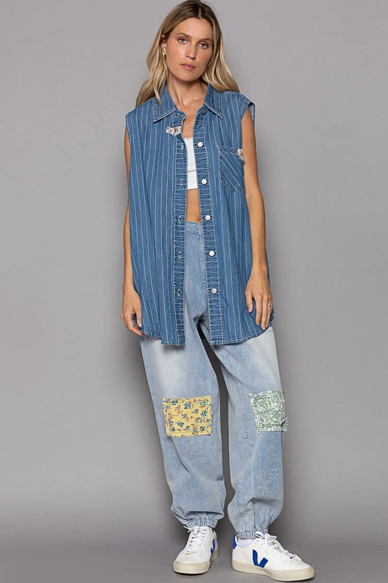 POL Button Down Sleeveless Striped Denim Shirt - Brittney MADE