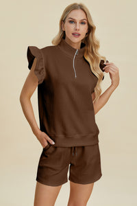 Double Take Full Size Texture Flounce Sleeve Top and Shorts Set - Brittney MADE