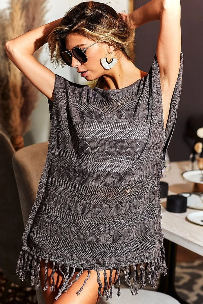 BiBi Fringed Hem Short Sleeve Knit Top - Brittney MADE