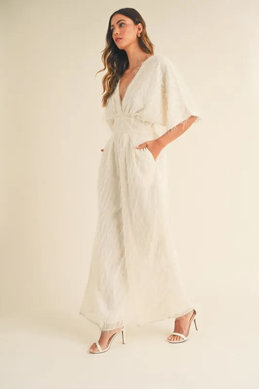 MABLE Fluffy Deep V Neck Wide Leg Jumpsuit - Brittney MADE