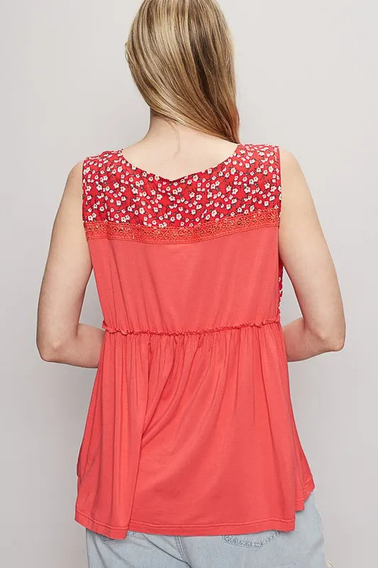 POL Lace Detail Frill Floral V-Neck Sleeveless Top - Brittney MADE
